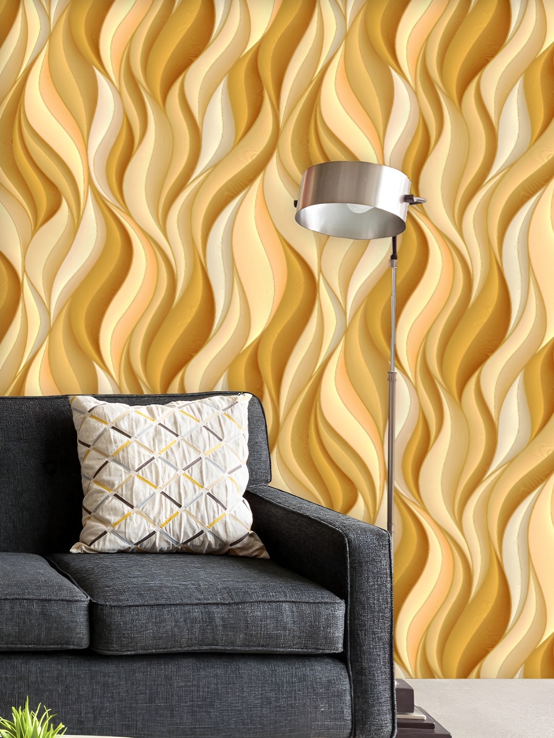 

ArtzFolio Printed UV-Resistant Anti-Bacterial Abstract Gold White Waves Peel & Stick Wallpaper, Multi