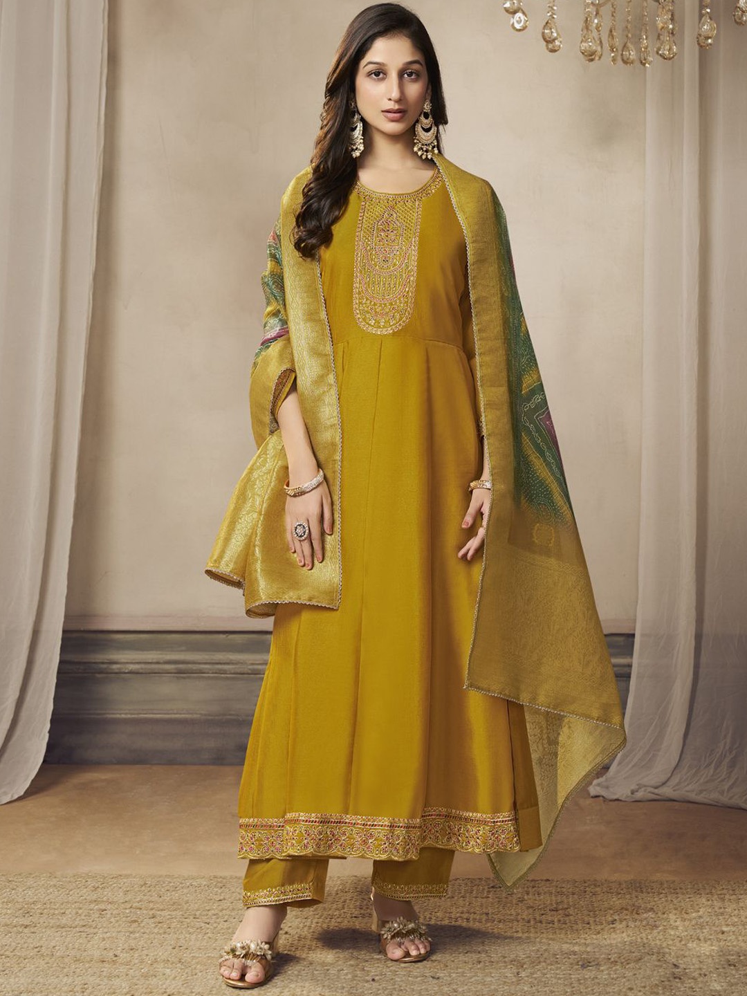 

all about you Mustard Yellow Floral Embroidered Anarkali Kurta With Trousers & Dupatta