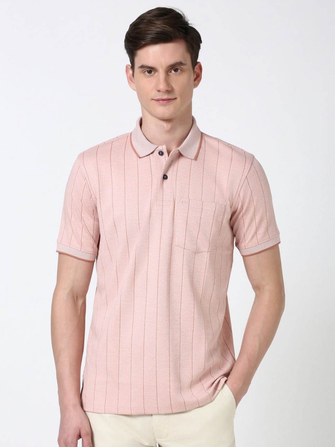 

Peter England Men Striped Polo Collar Pockets T-shirt, Peach