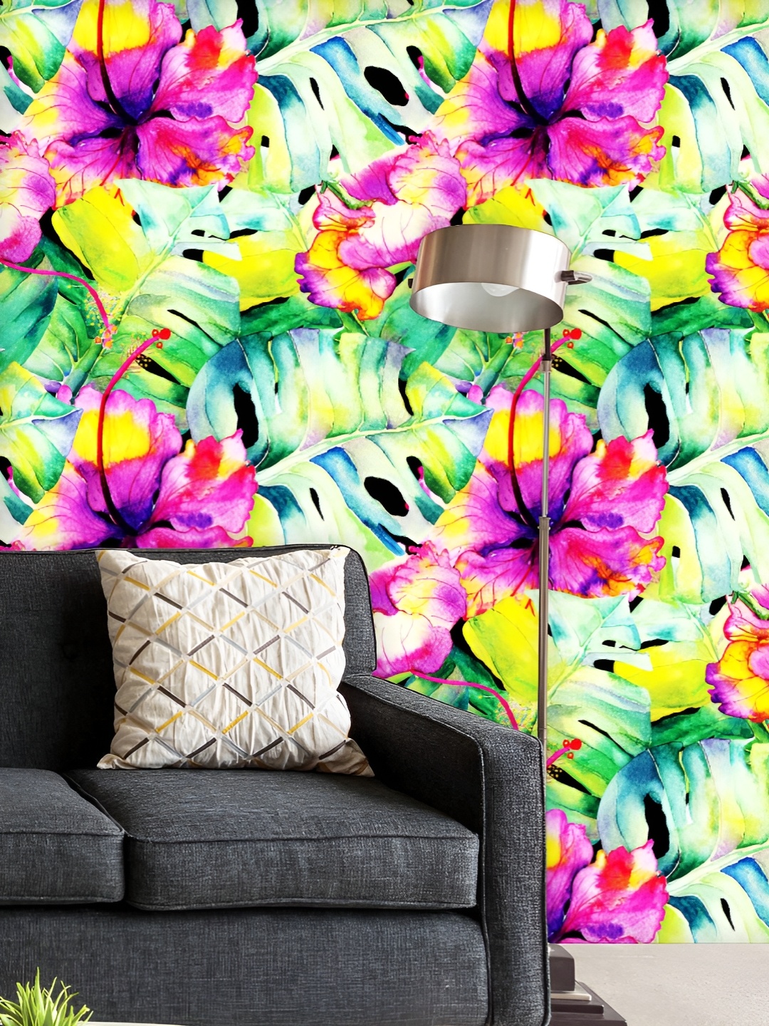 

ArtzFolio Printed UV-Resistant Anti-Bacterial Palm And Hibiscus Plants Peel & Stick Wallpaper, Multi