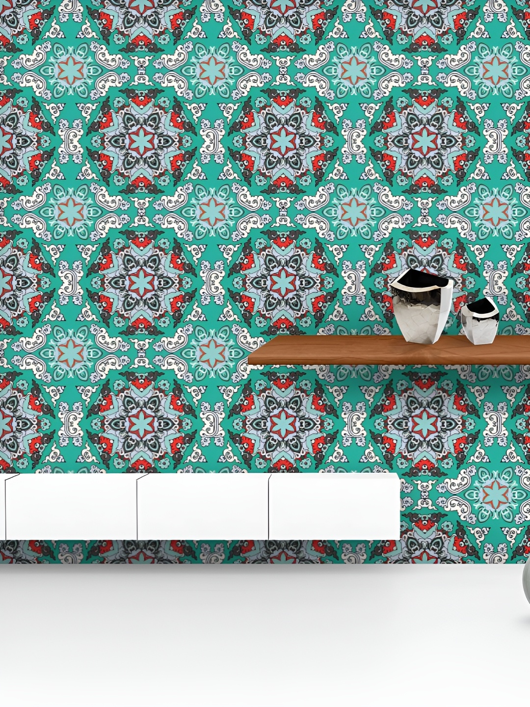 

ArtzFolio Sea Green & Red Floral Printed UV Resistant Wallpaper