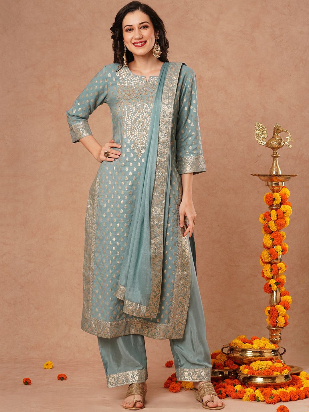 

FASHOR Ethnic Motifs Embroidered Sequinned Straight Kurta With Palazzos & Dupatta, Turquoise blue