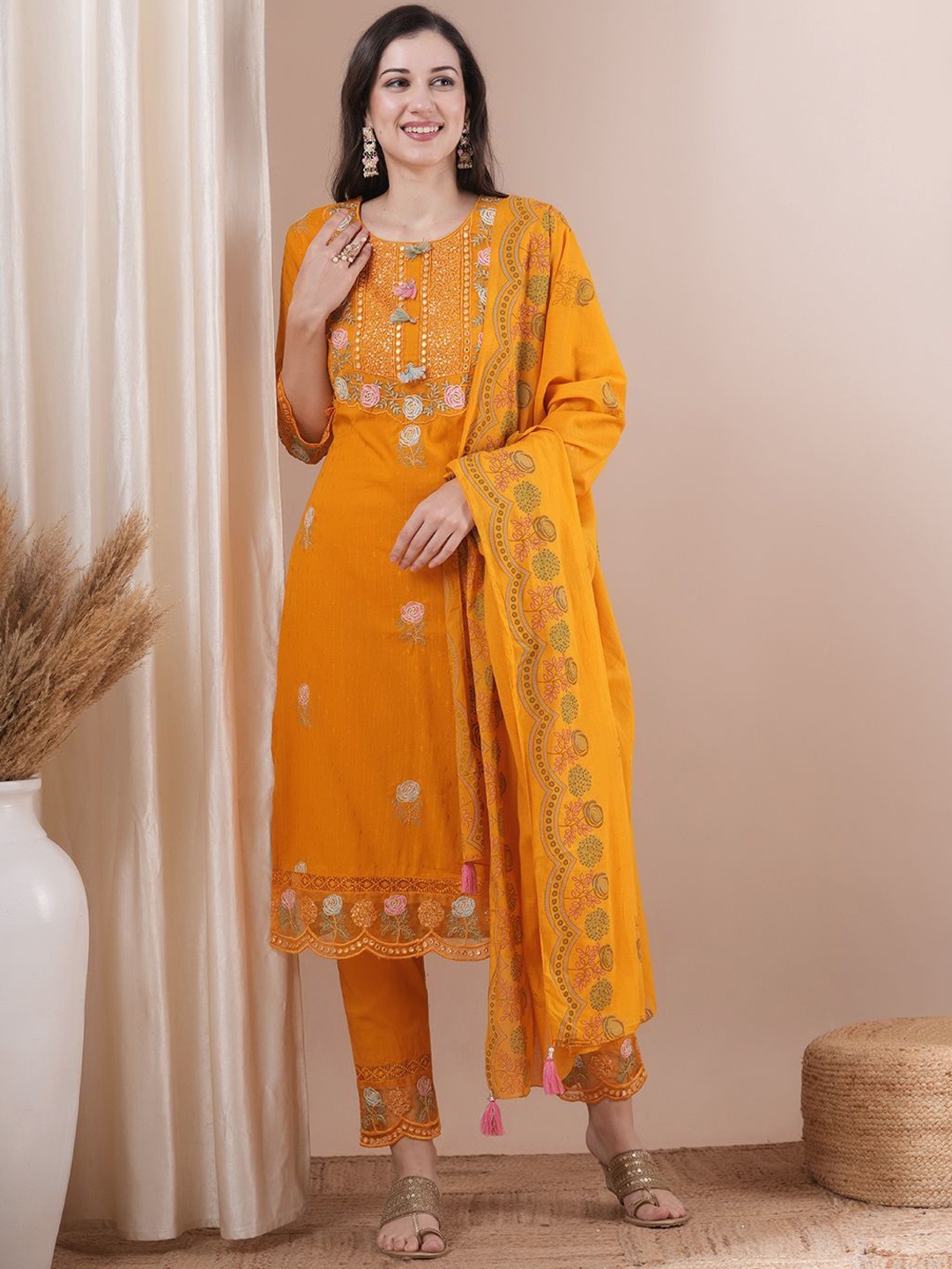 

FASHOR Floral Embroidered Sequinned Pure Cotton Kurta With Trousers & Dupatta, Yellow