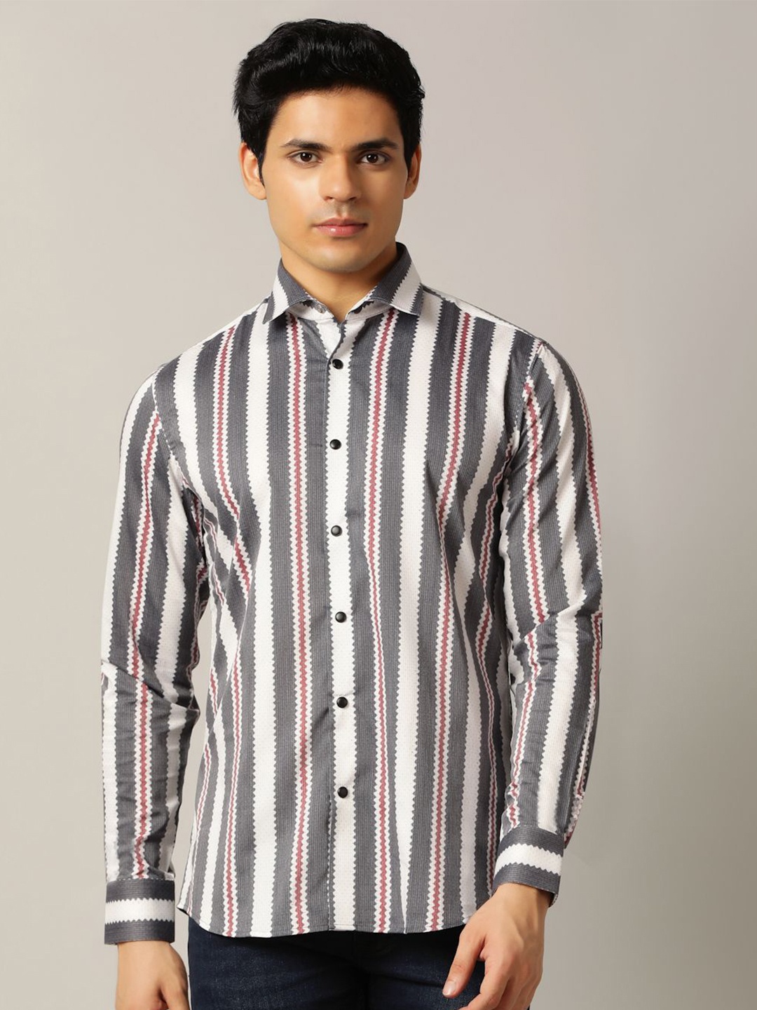 

JB STUDIO Men Spread Collar Multi Striped Slim Fit Casual Shirt, Grey