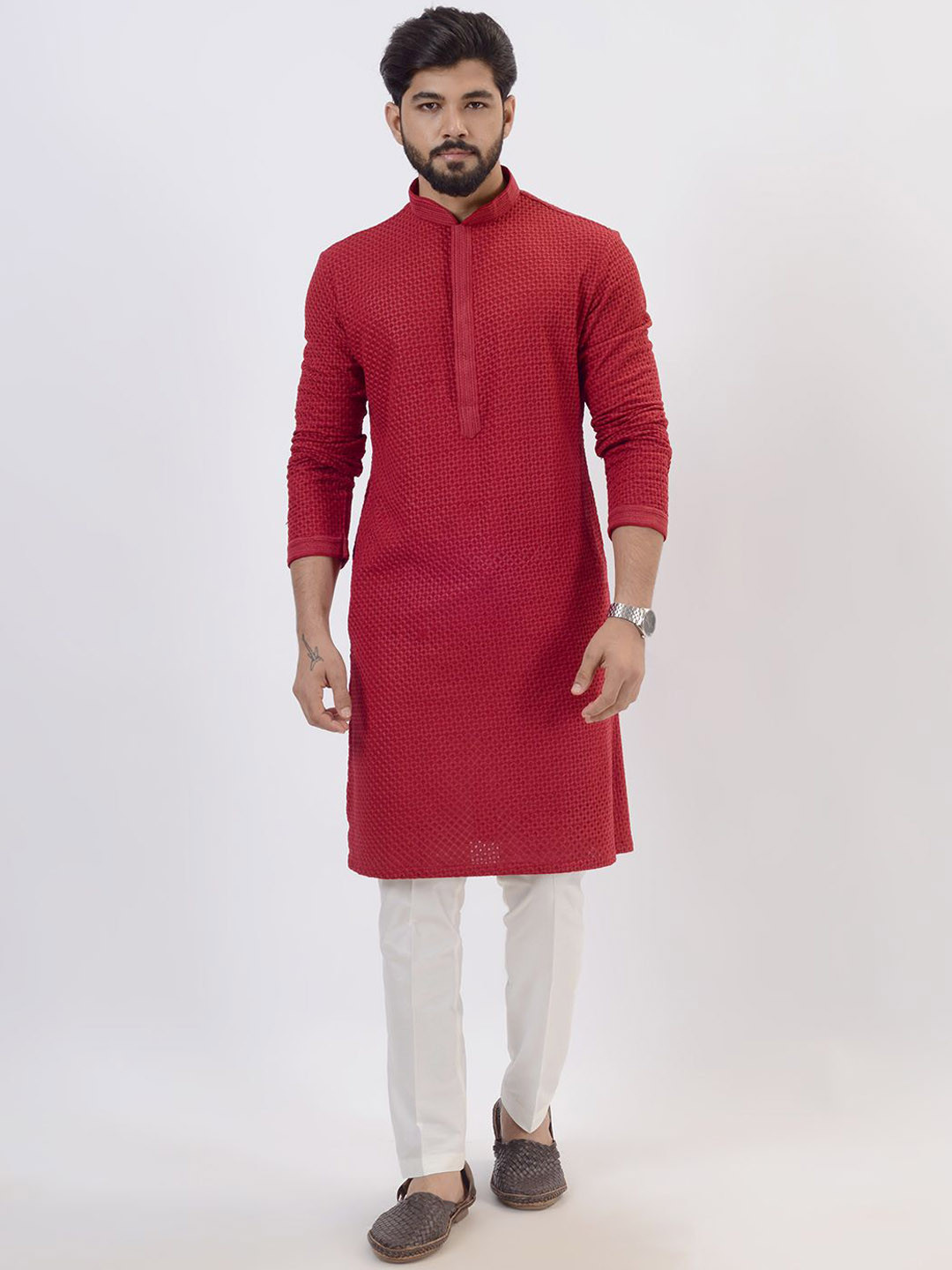 

azania Geometric Embroidered Straight Thread Work Kurta With Pyjamas, Red