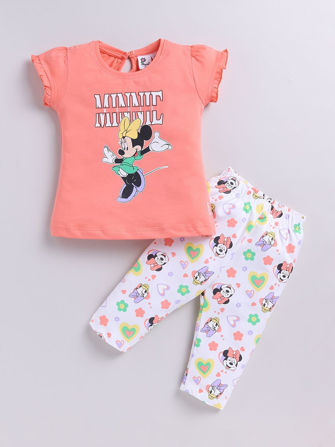 

Annie Girls Minnie Mouse Printed Round Neck Pure Cotton Top With Trousers, Orange