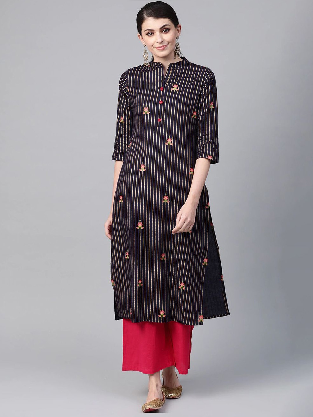 

Meeranshi Printed Mandarin Collar Straight Kurta, Navy blue