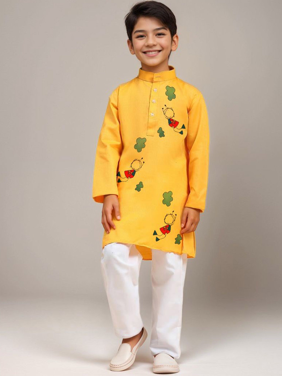 

DEVOILER Boys Abstract Printed Mandarin Collar Cotton Straight Kurta, Yellow