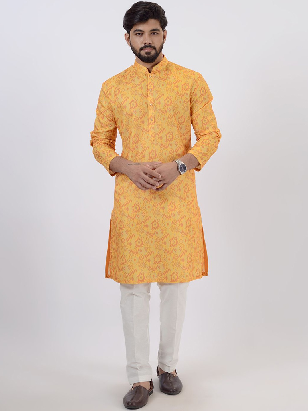 

azania Printed Mandarin Collar Straight Kurta With Pyjamas, Yellow