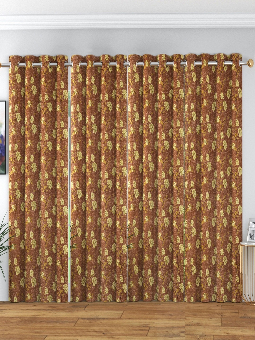 

ANA Brown & Yellow 4 Pieces Floral Room Darkening Long Door Curtain