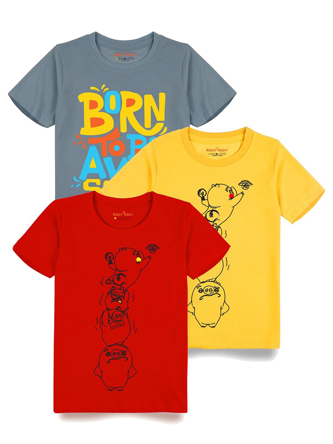 

Kiddy Viddy Boys Pack Of 3 Typography Printed Round Neck Cotton T-shirts, Yellow