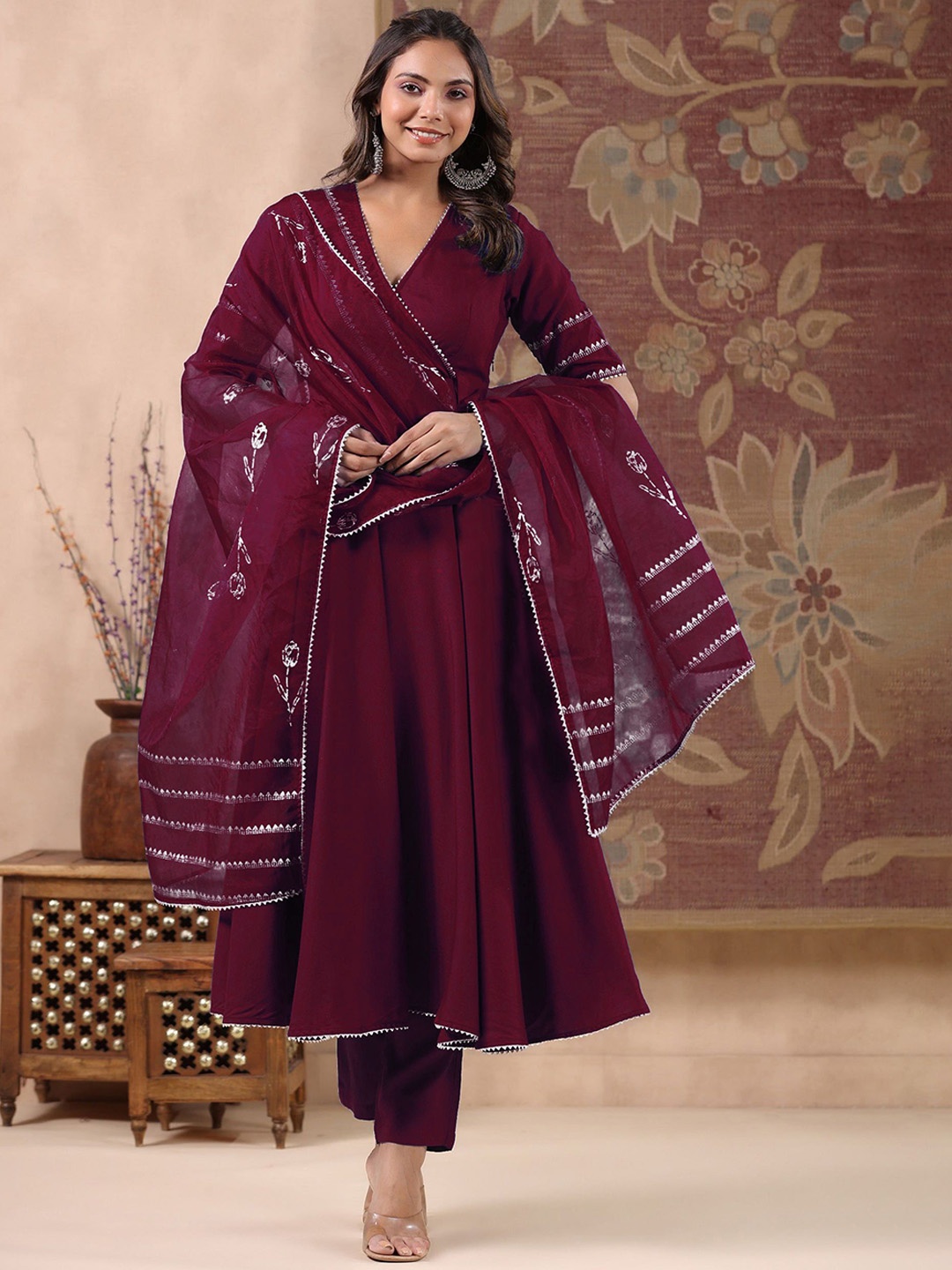 

GoSriKi V-Neck Anarkali Kurta With Trousers & Dupatta, Maroon