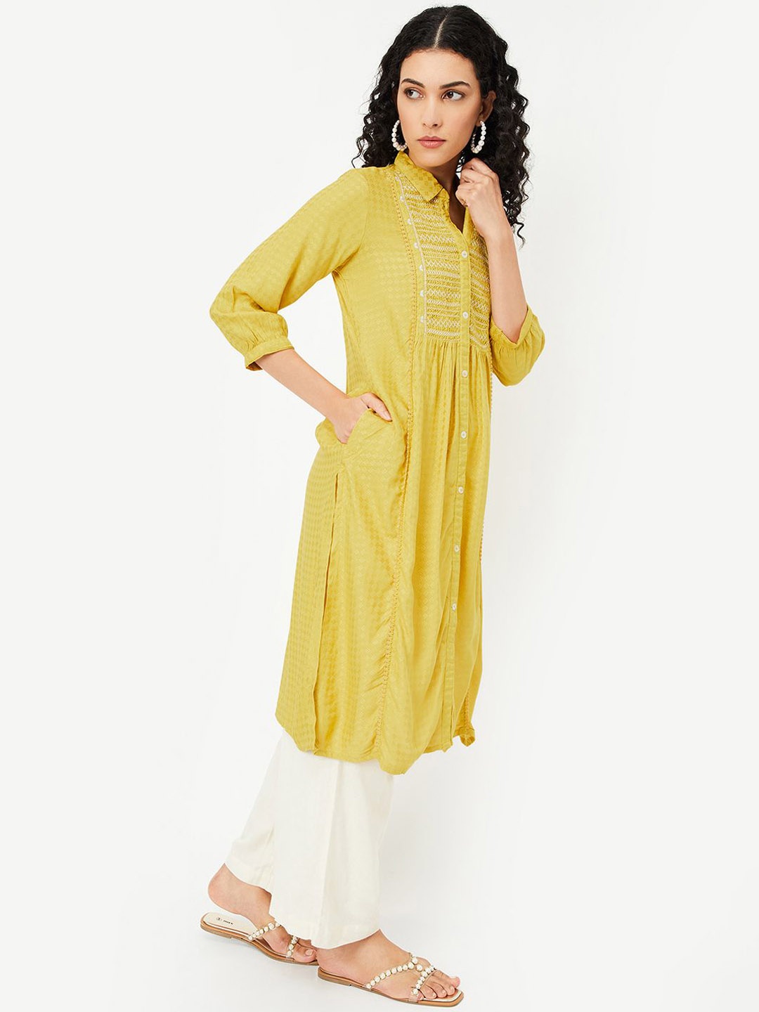 

max Shirt Collar Geometric Woven Design Thread Work A-Line Kurta, Yellow