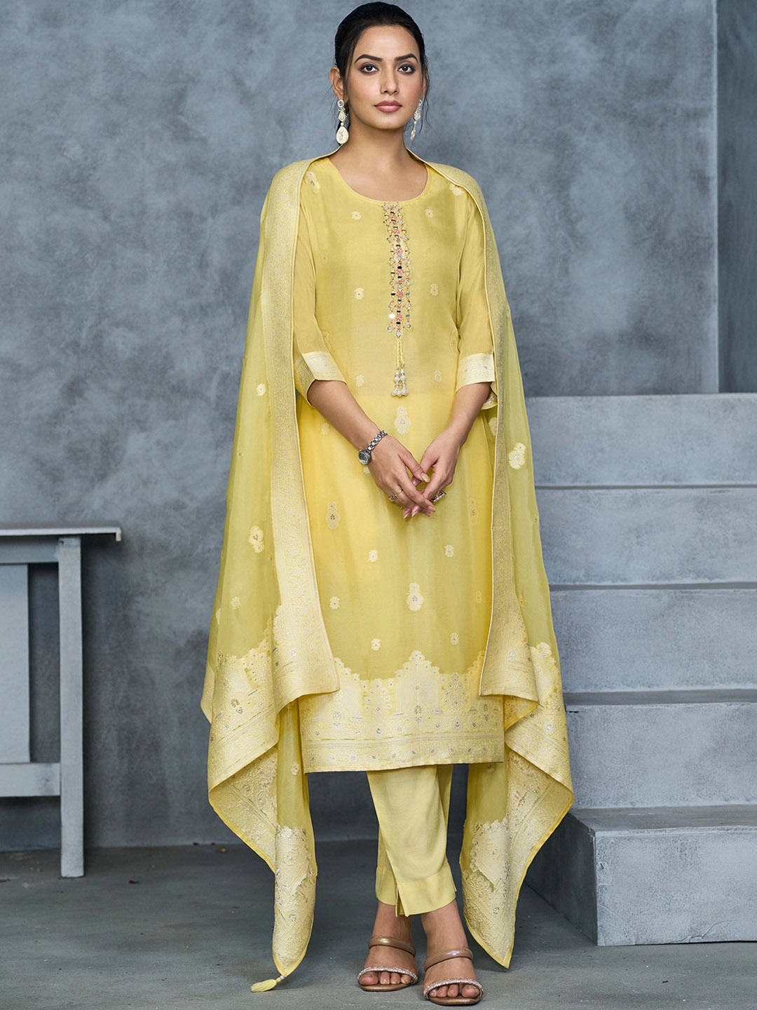 

all about you Yellow Floral Woven Design Organza Straight Kurta With Trousers & Dupatta