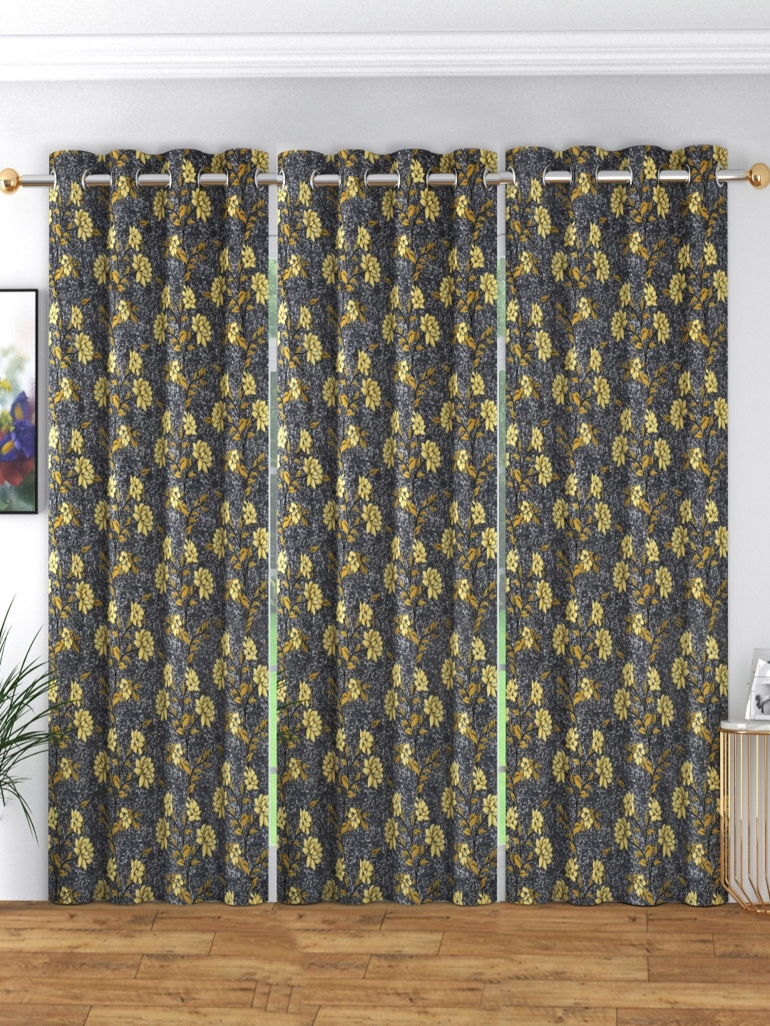 

ANA Grey & Yellow 3 Pieces Floral Room Darkening Long Door Curtain