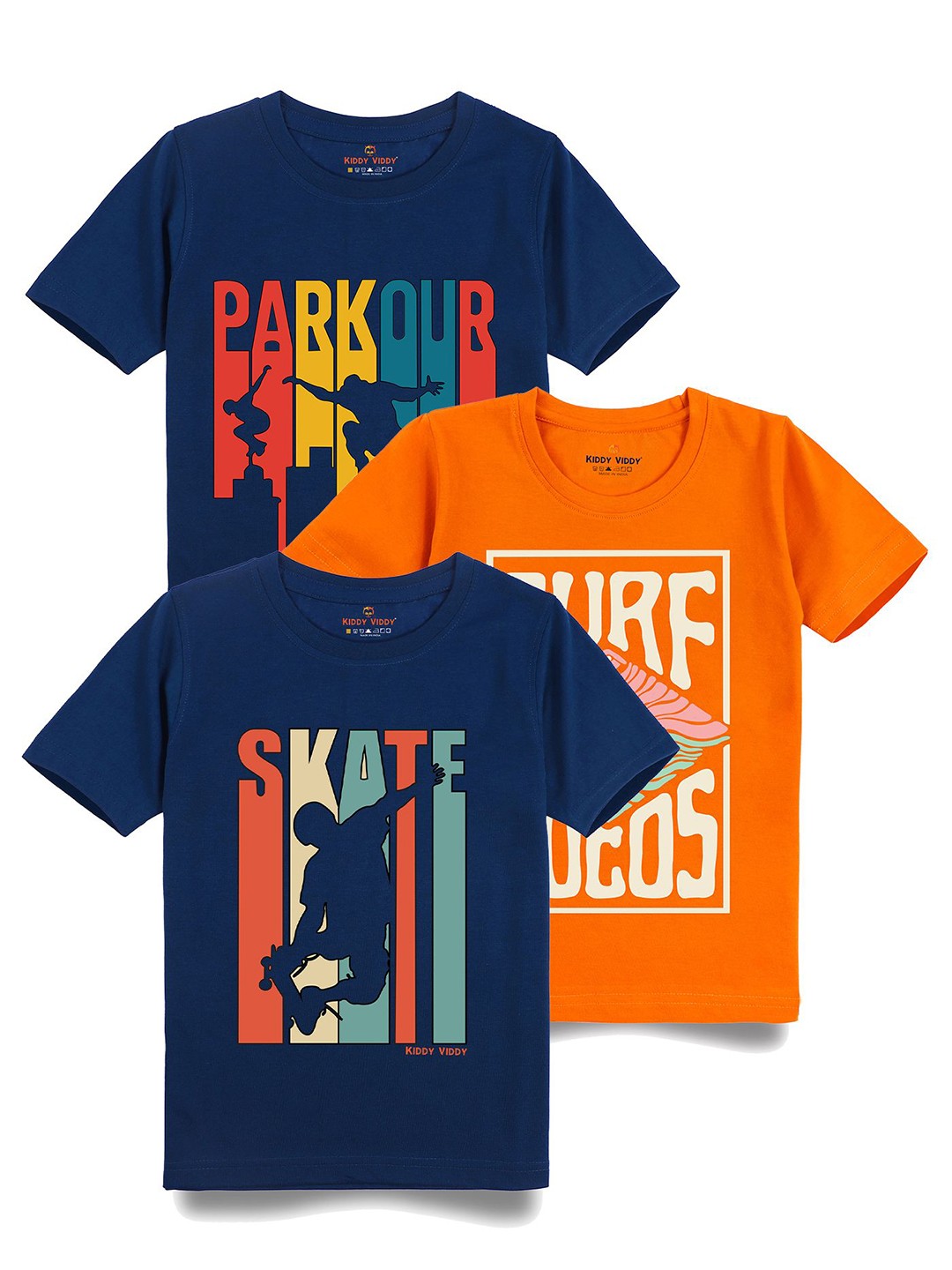 

Kiddy Viddy Boys Pack Of 3 Typography Printed Round Neck Cotton T-shirts, Navy blue