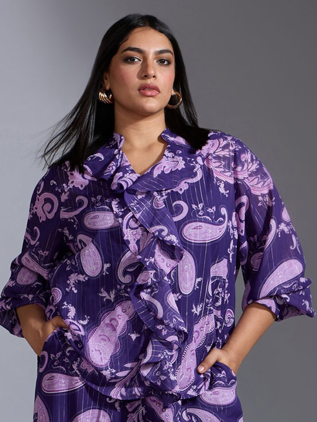 

20Dresses Paisley Printed Ruffled Chiffon Plus Size Shirt Style Top, Purple