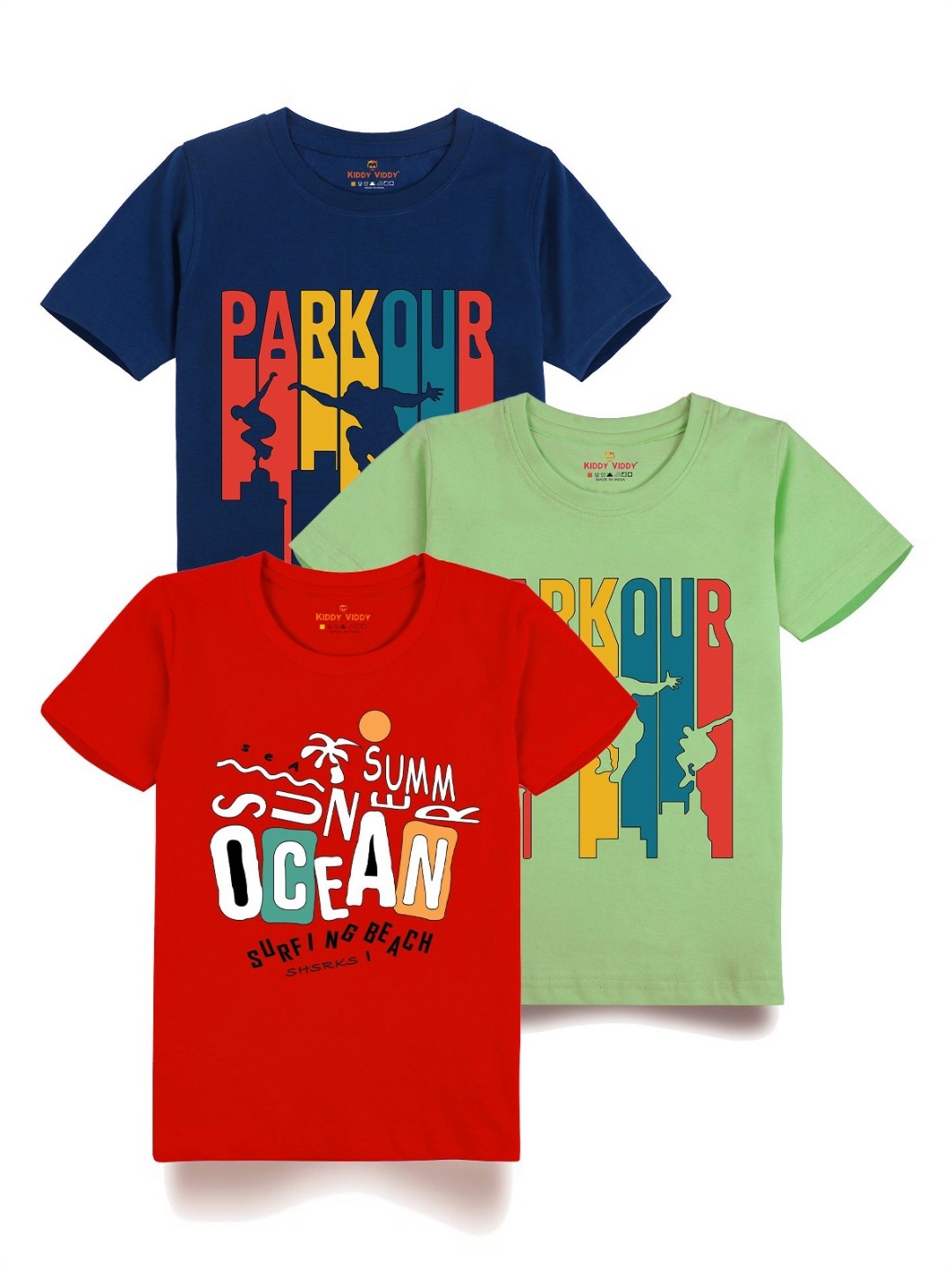 

Kiddy Viddy Boys Pack Of 3 Typography Printed Round Neck Cotton T-shirts, Red