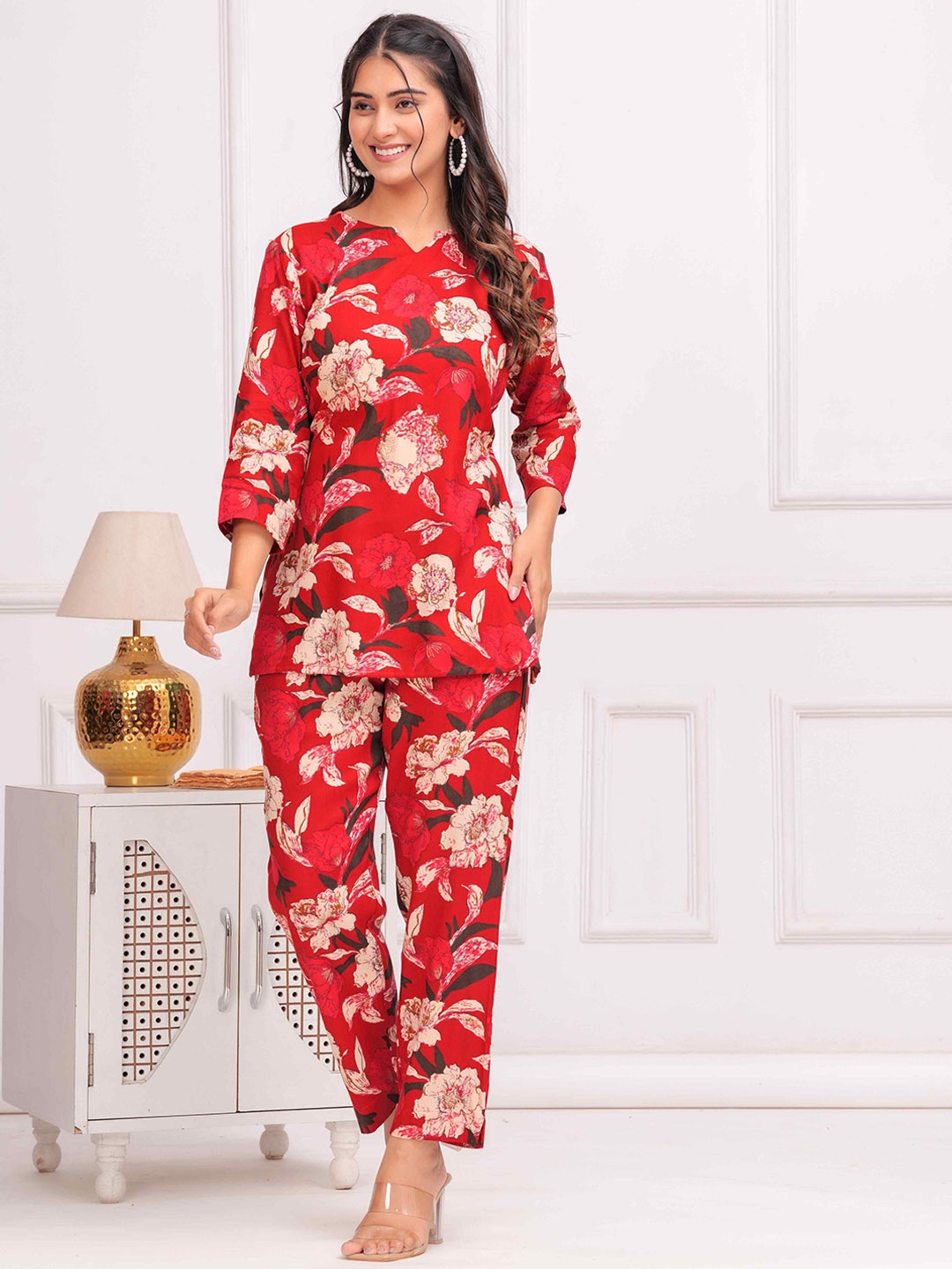 

TANISHA Floral Printed V-Neck Tunic with Trouser, Red