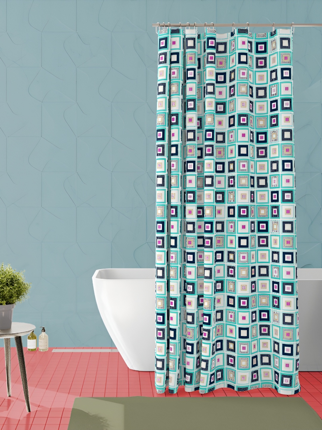 

ArtzFolio Sea Green-Off White & Navy Blue Printed Waterproof Shower Curtain