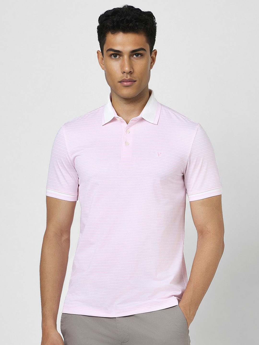 

Van Heusen Men Striped Polo Collar T-shirt, Pink