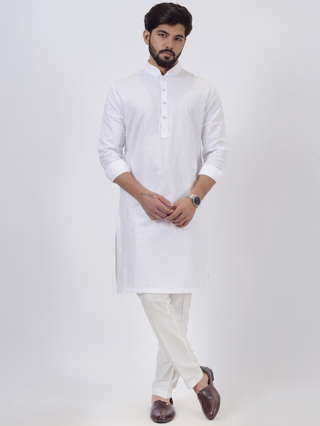 

azania Mandarin Collar Linen Straight Kurta With Trousers, White