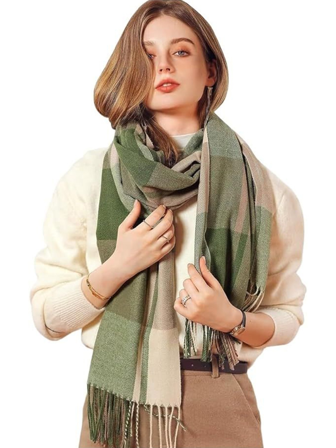 

Alexvyan Women Checked Stole, Green