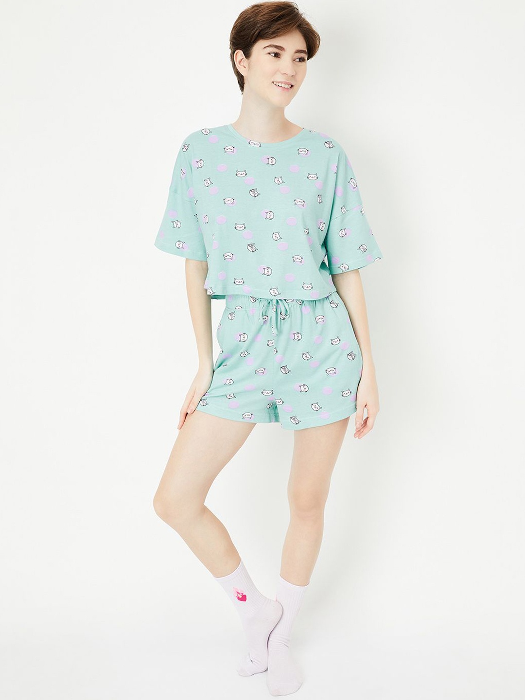 

max Women Animal Printed Pure Cotton Night suit, Turquoise blue