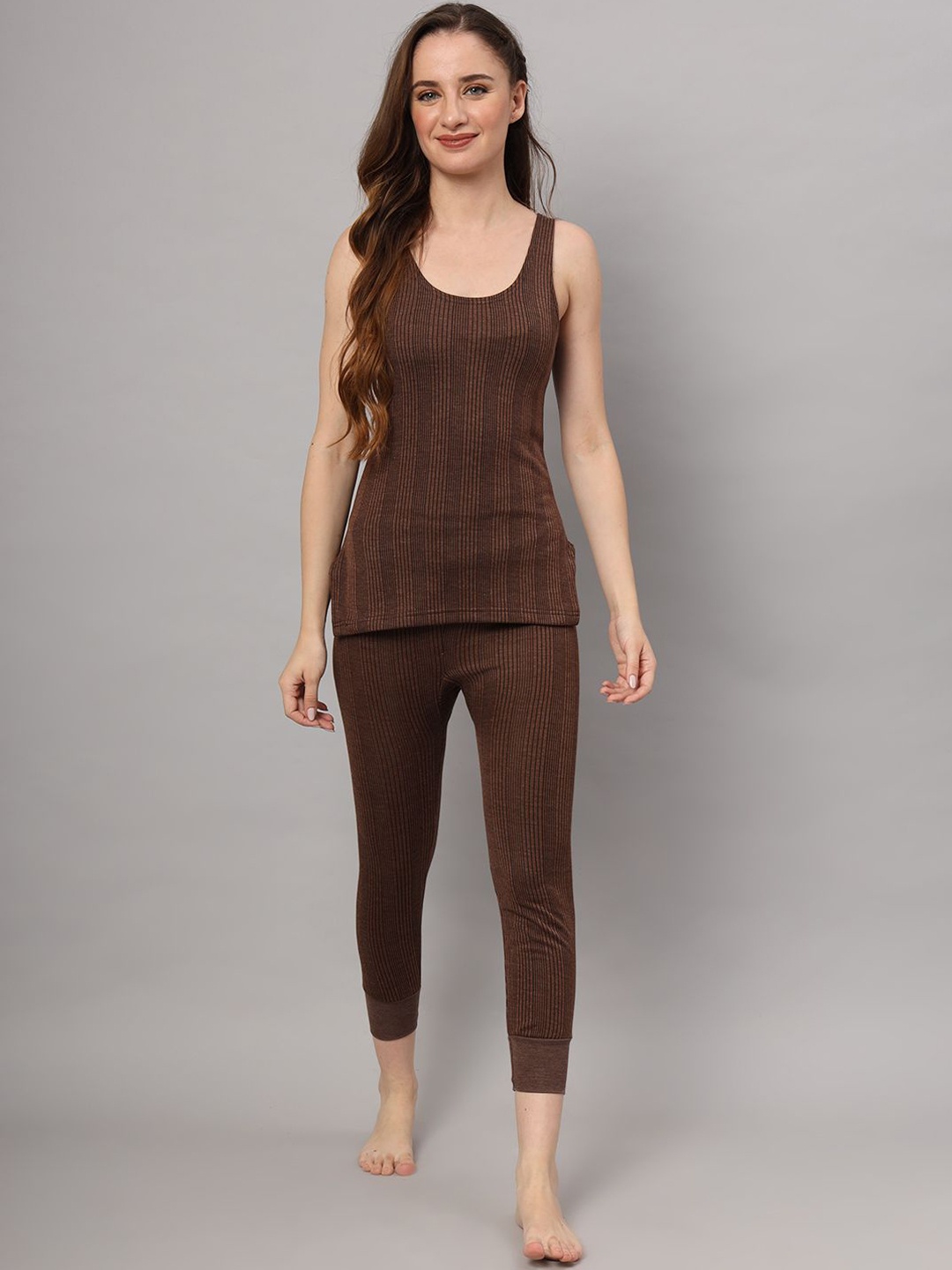 

ESOROUCHA Women Ribbed Thermal Set, Brown