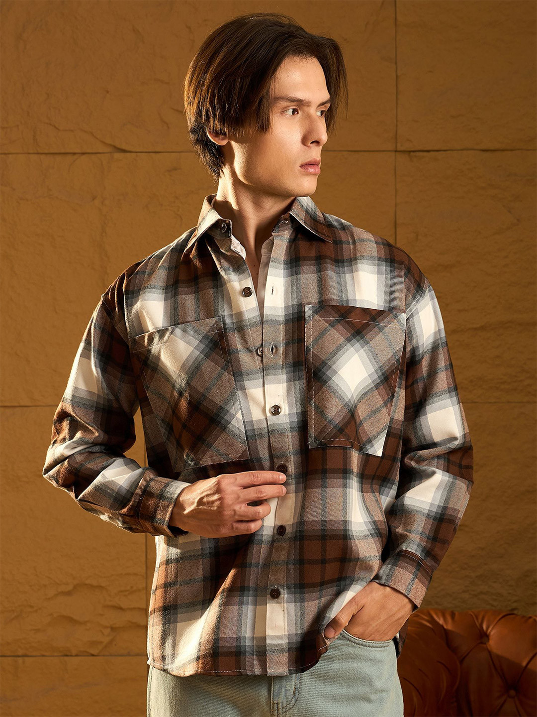 

DENNISON Men Double Pocket Drop Shoulder Oversized Cotton Checked Shacket, Brown