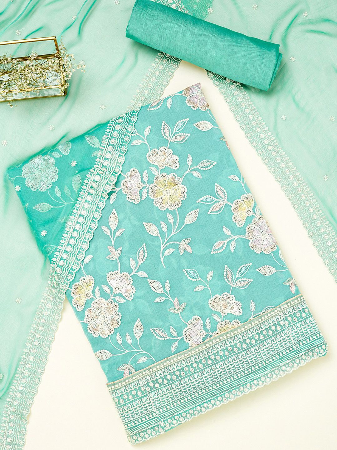 

Soch Embroidered Silk Chiffon Unstitched Dress Material, Turquoise blue