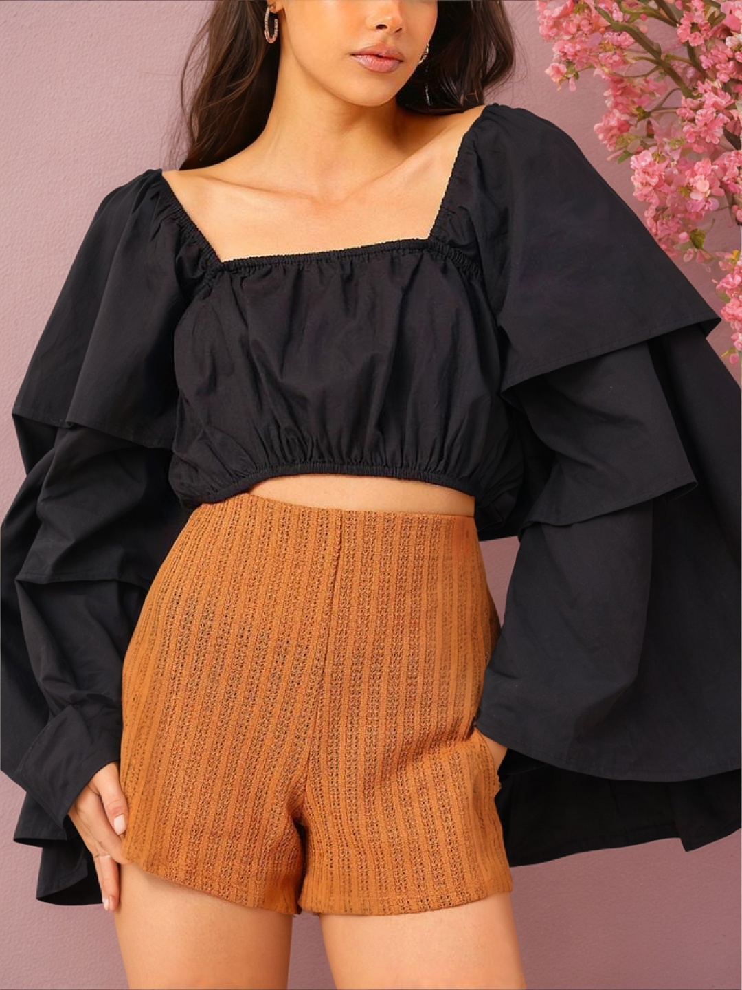 

DressBerry Frill Fever Layered Bell Sleeves Crop Top, Black