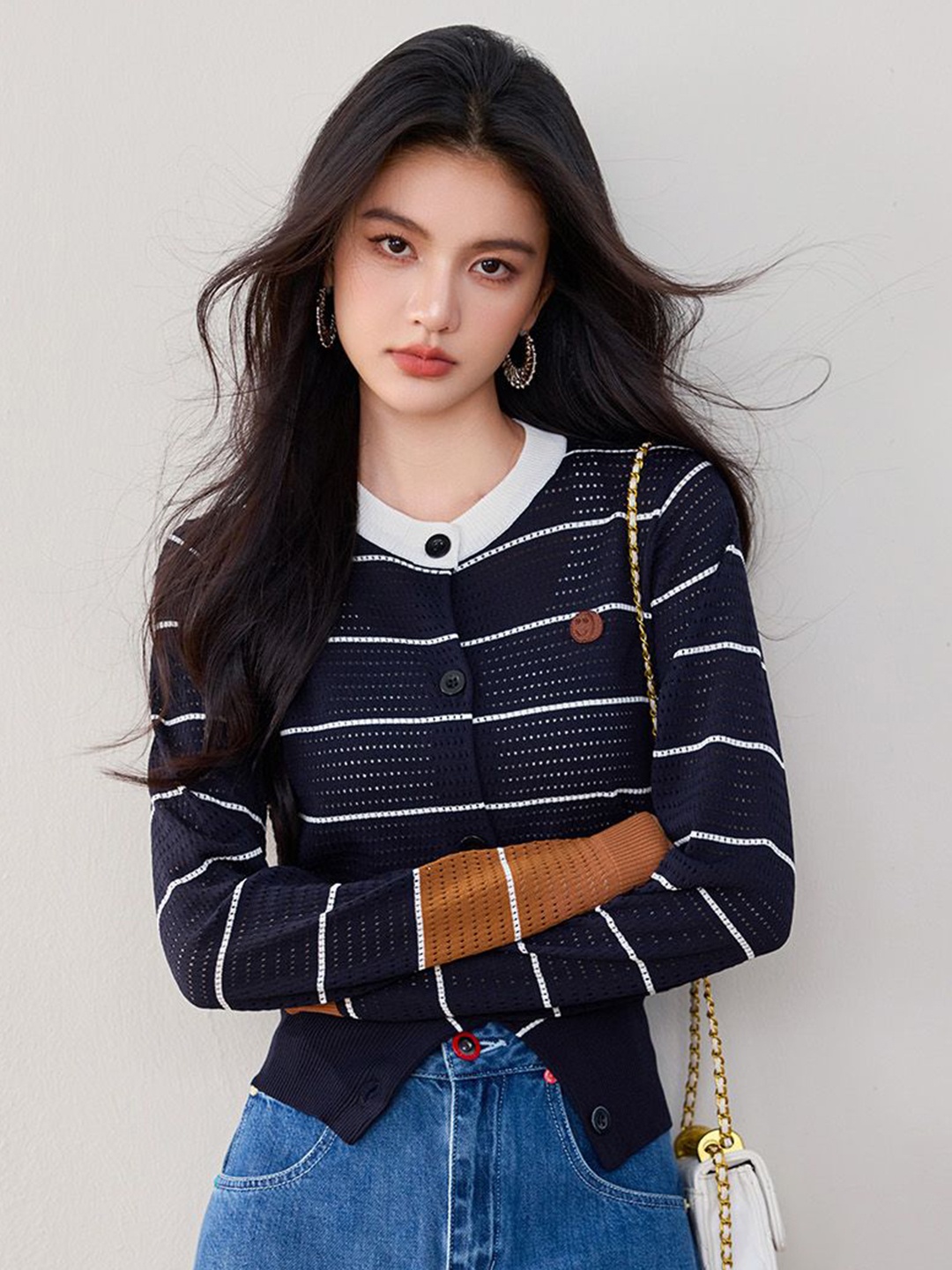 

JC Collection Women Striped Round Neck Long Sleeves Cardigan, Navy blue