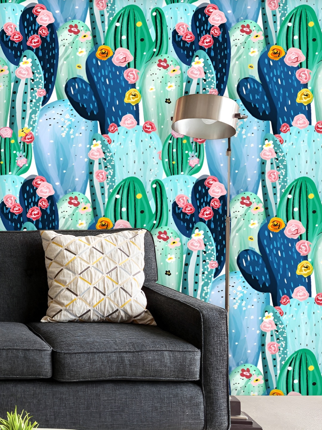 

ArtzFolio Printed UV-Resistant Anti-Bacterial Pastel Vintage Cactuses Peel & Stick Wallpaper, Multi