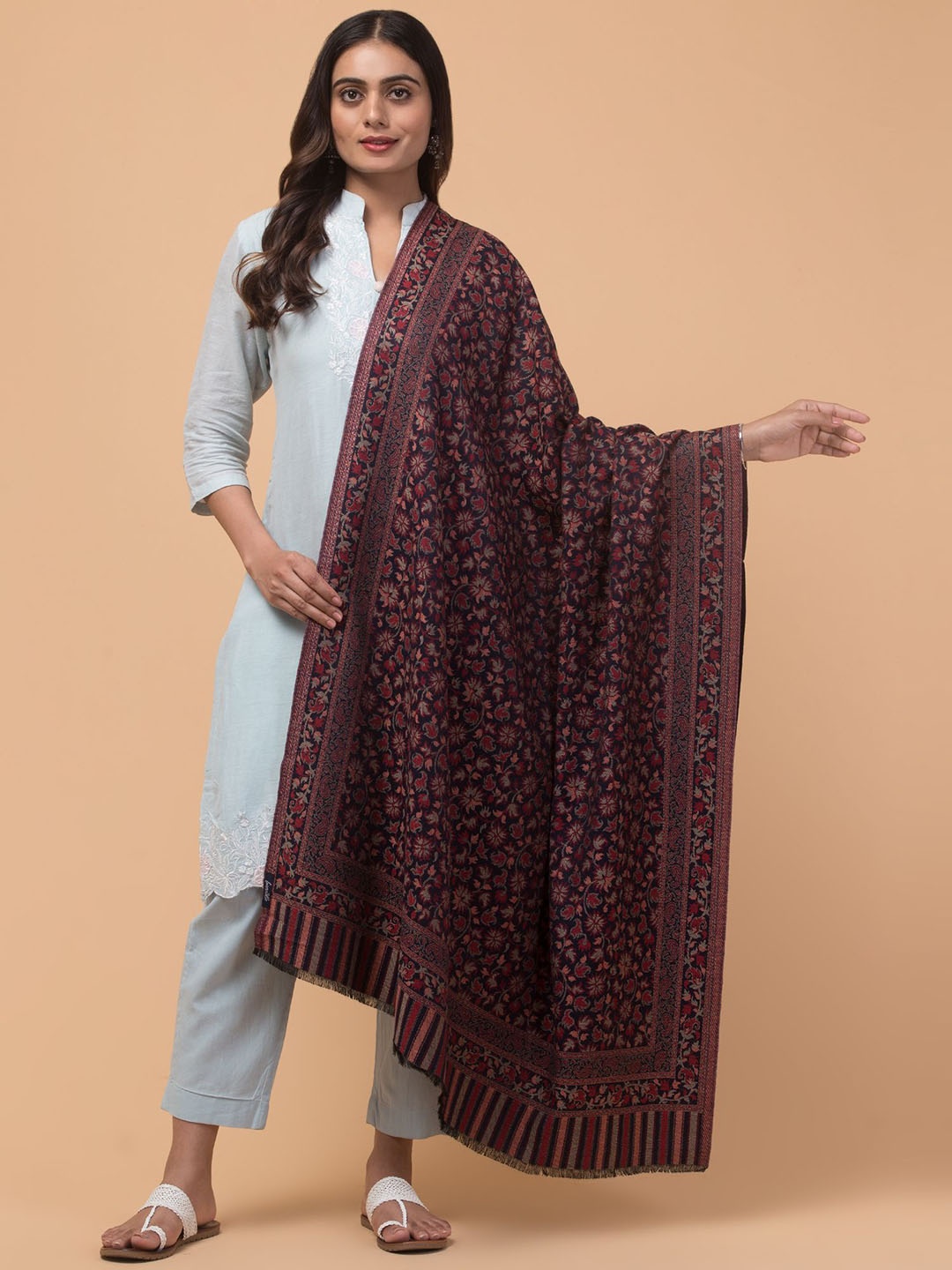 

Tweedle Kashmiri Floral Woven Design Woollen Kani Shawl, Navy blue
