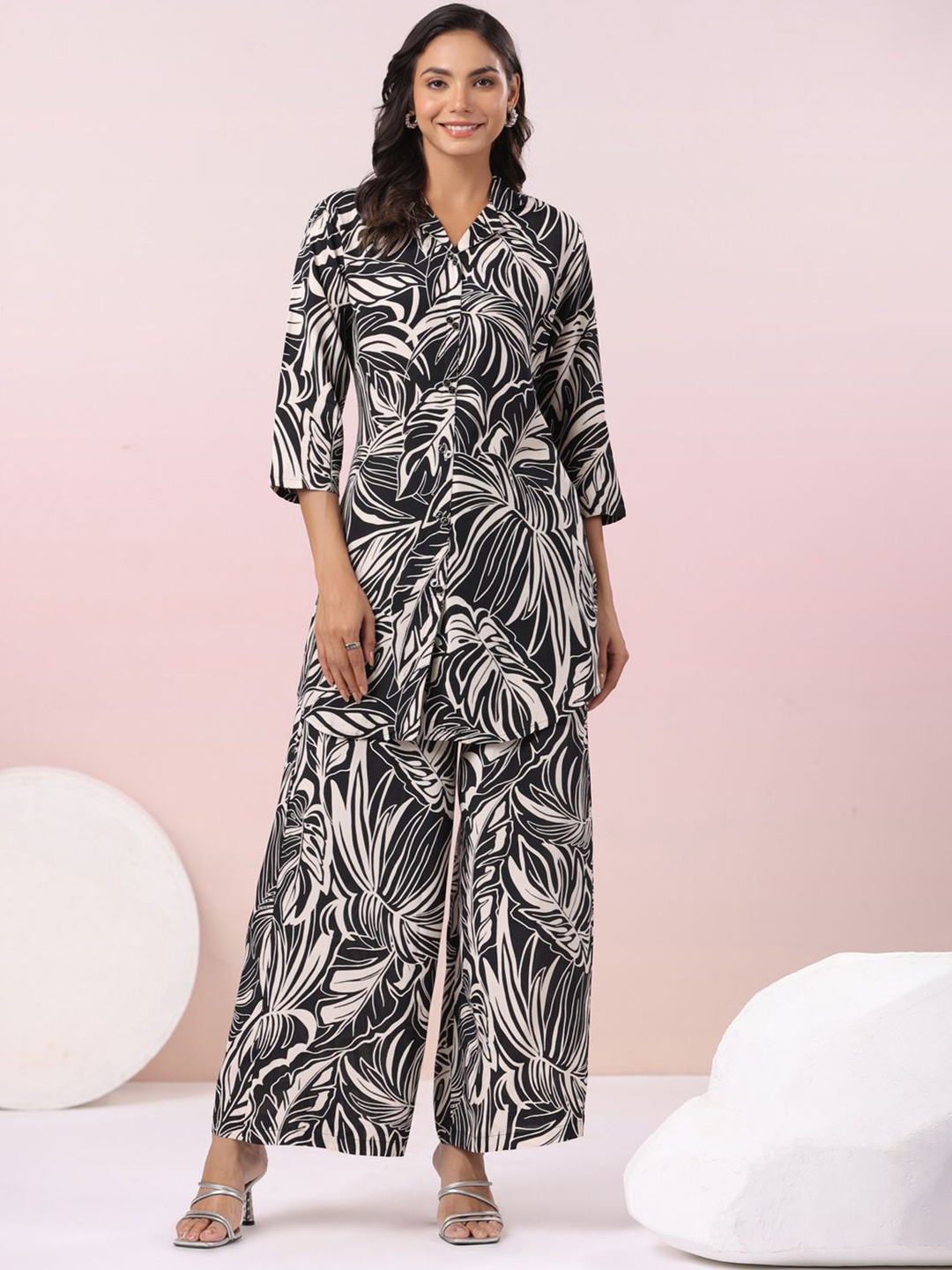 

JISORA Black Tropical Printed Pure Silk Shirt With Palazzo s