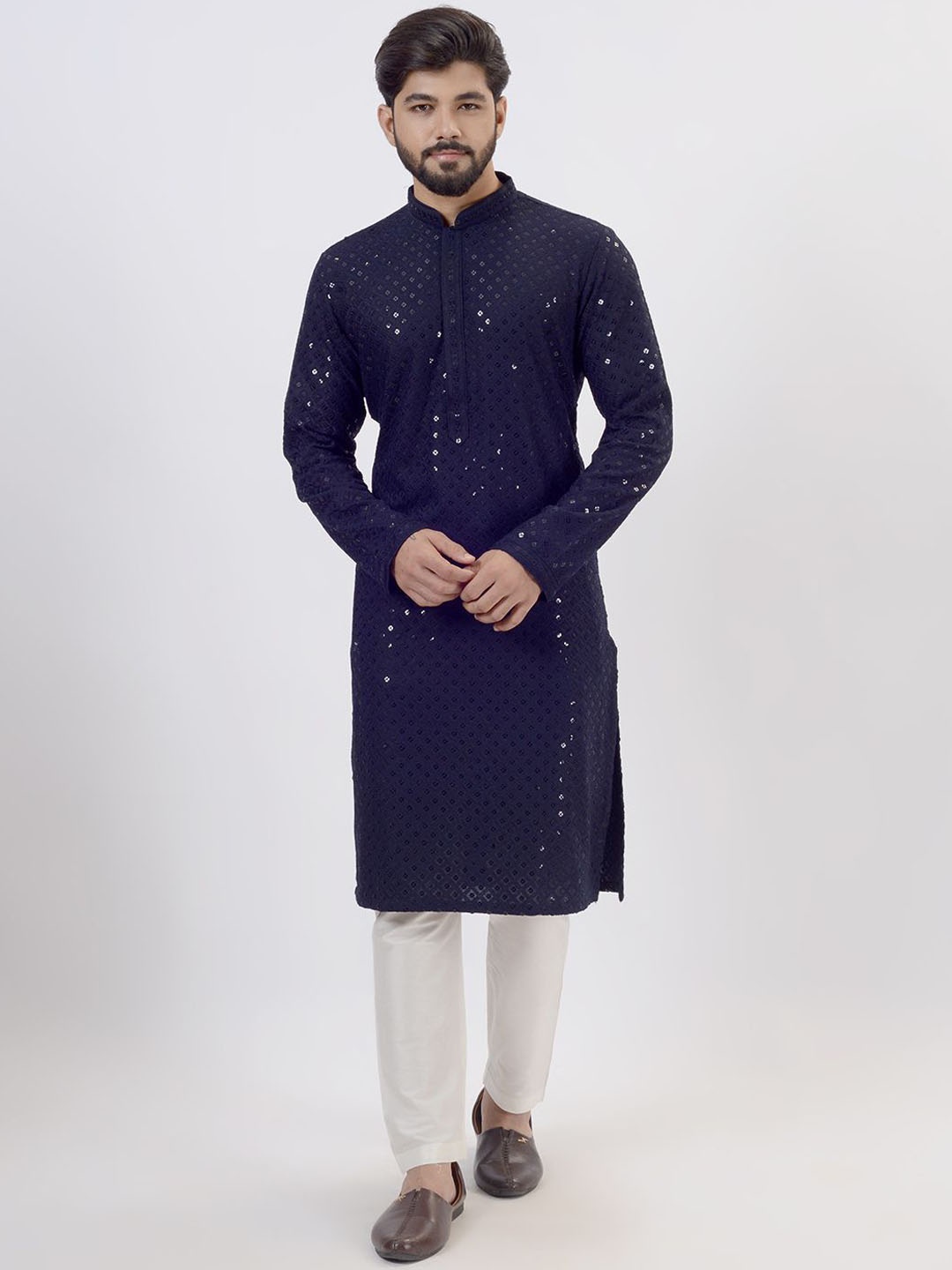 

azania Geometric Embroidered Sequinned Mandarin Collar Straight Kurta with Pyjamas, Blue