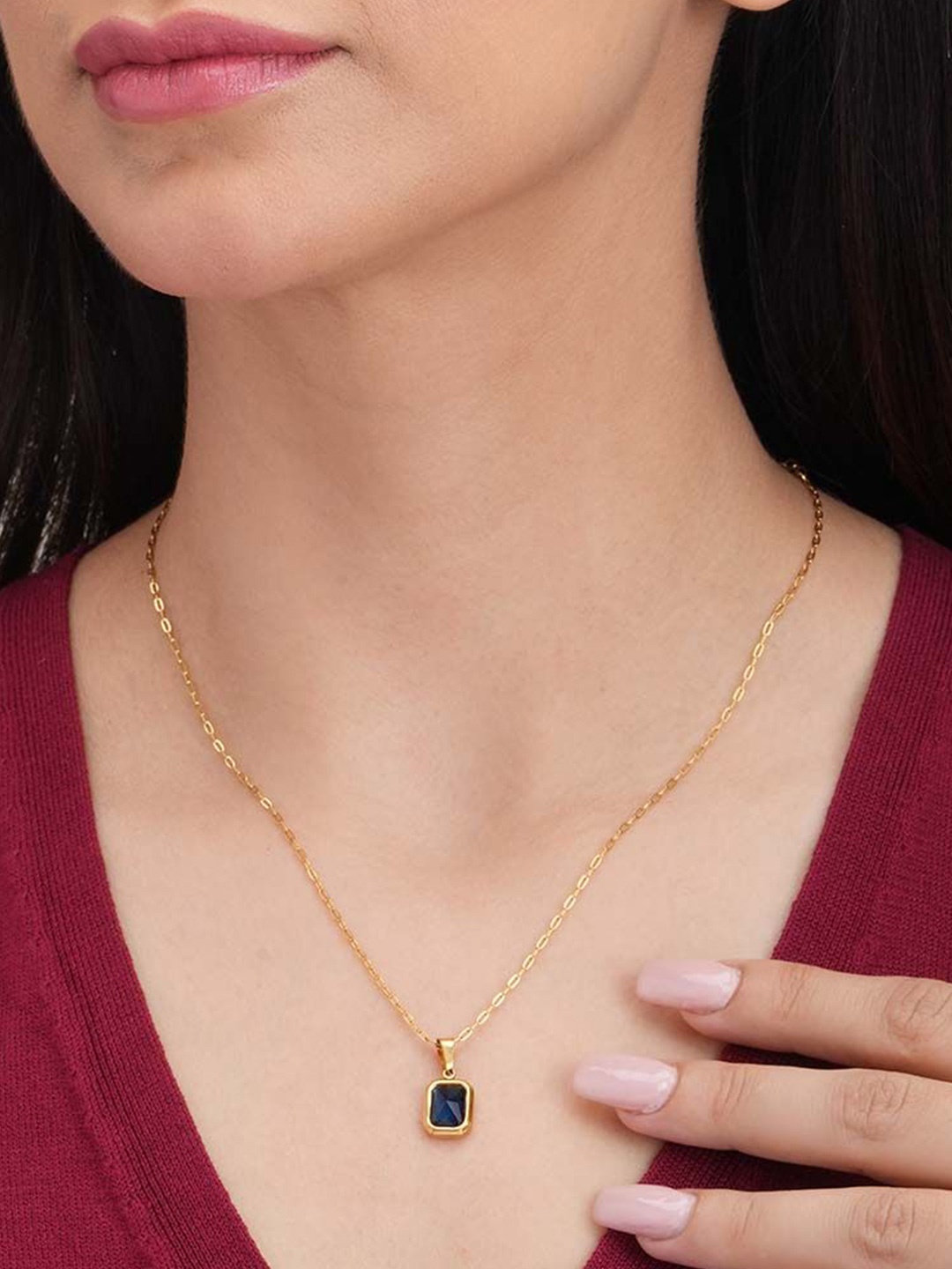 

PALMONAS Stainless Steel Gold-Plated Cubic Zirconia Pendant With Chain