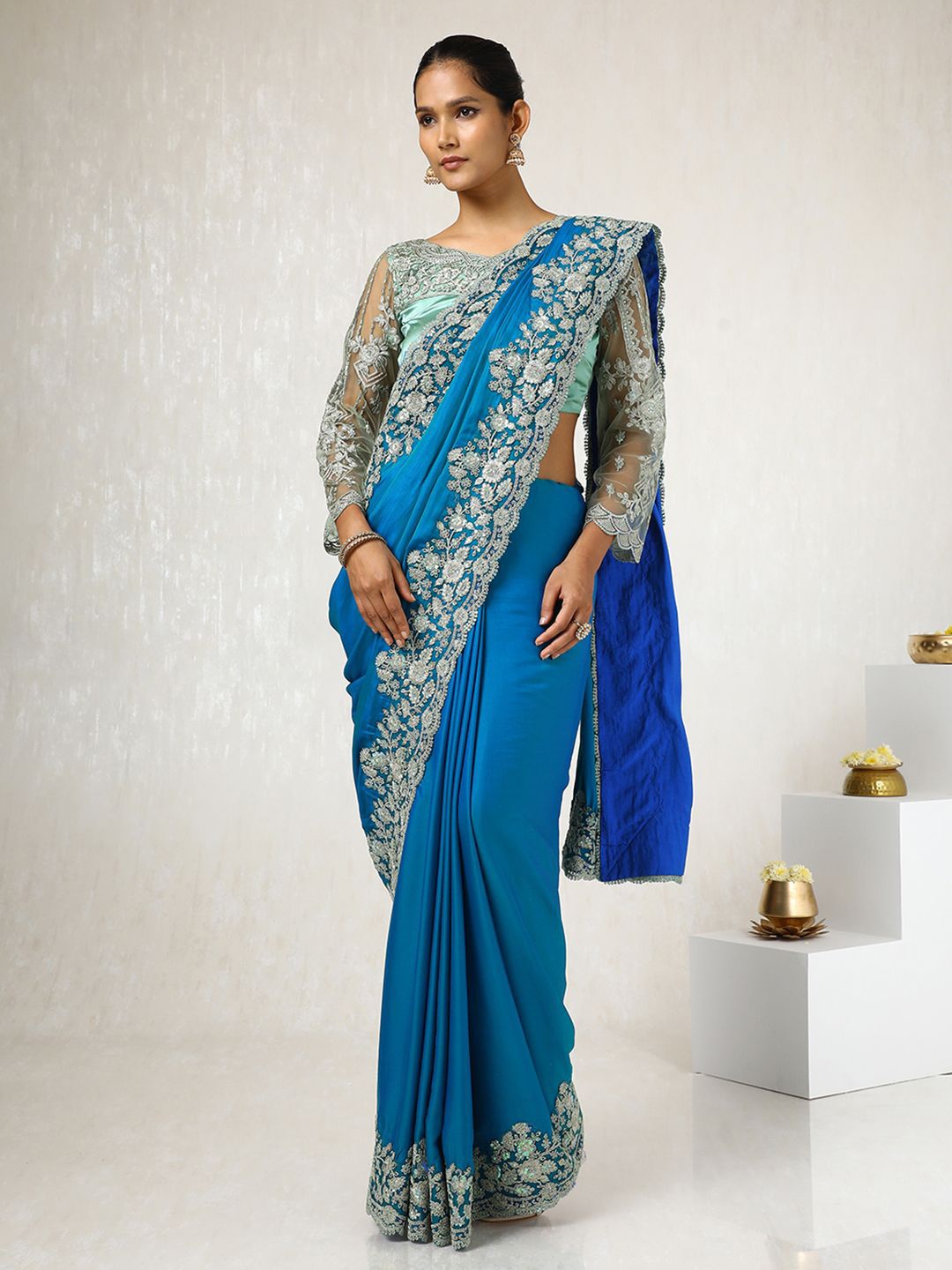 

Soch Embroidered Pure Crepe Saree With Sequinned, Blue
