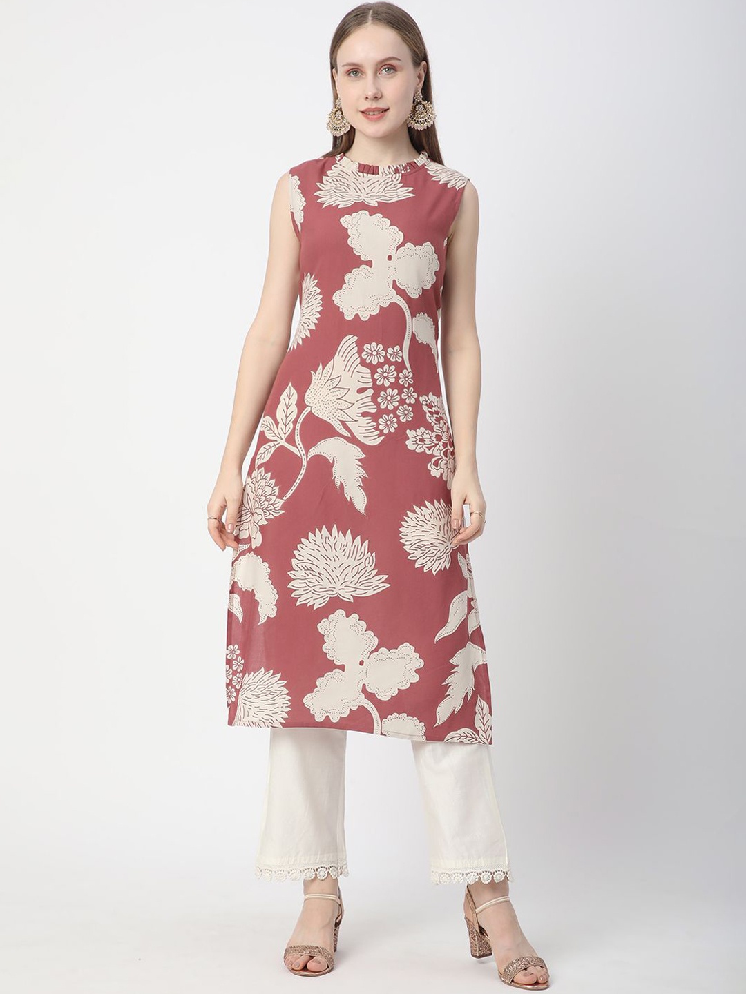 

R&B Floral Printed Round Neck Straight Kurta, Red