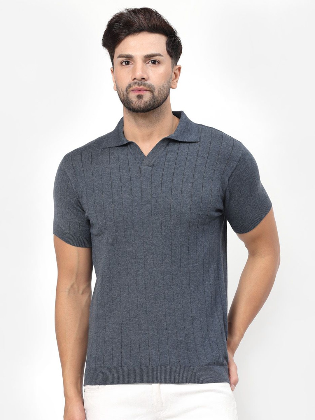 

Kalt Men Textured Knit Polo Collar T-Shirt, Blue