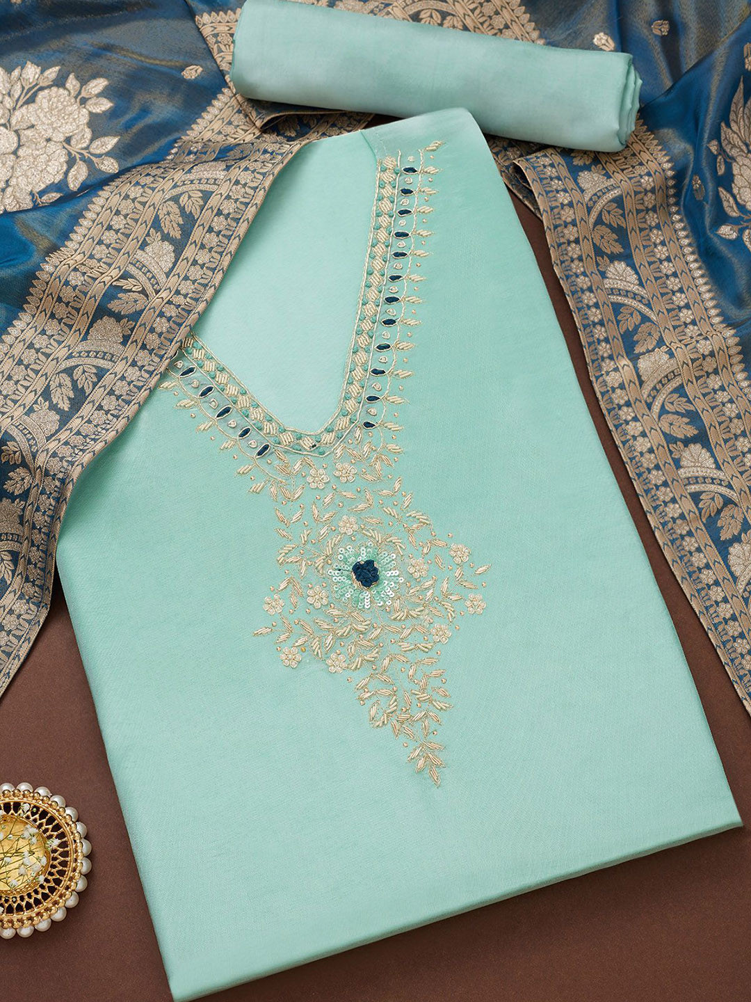 

Soch Floral Embroidered Beads & Stones Unstitched Dress Material, Blue