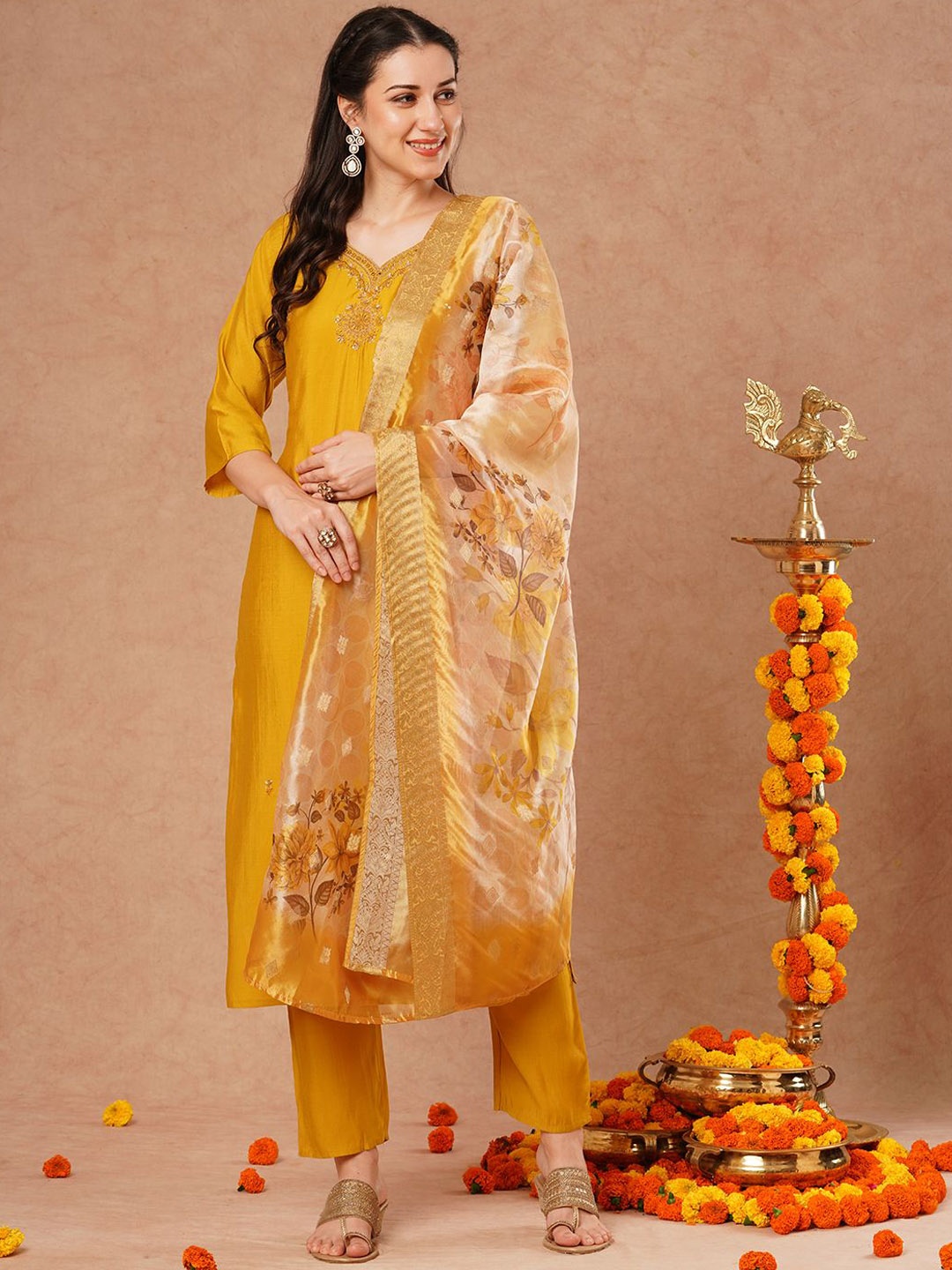 

FASHOR Ethnic Motifs Embroidered Straight Beads and Stones Kurta with Trousers & Dupatta, Mustard