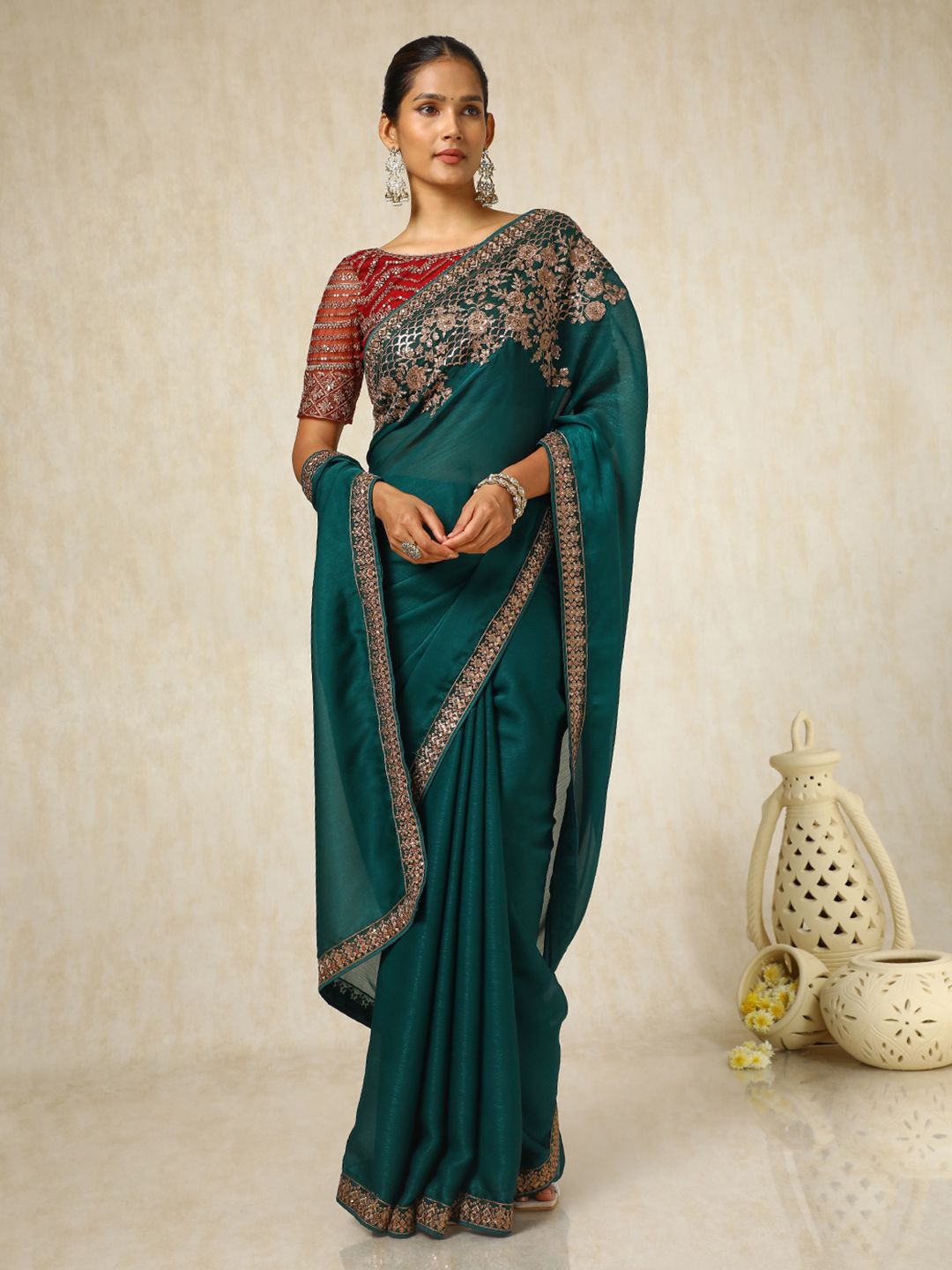 

Soch Embellished Sequinned Pure Chiffon Saree, Teal