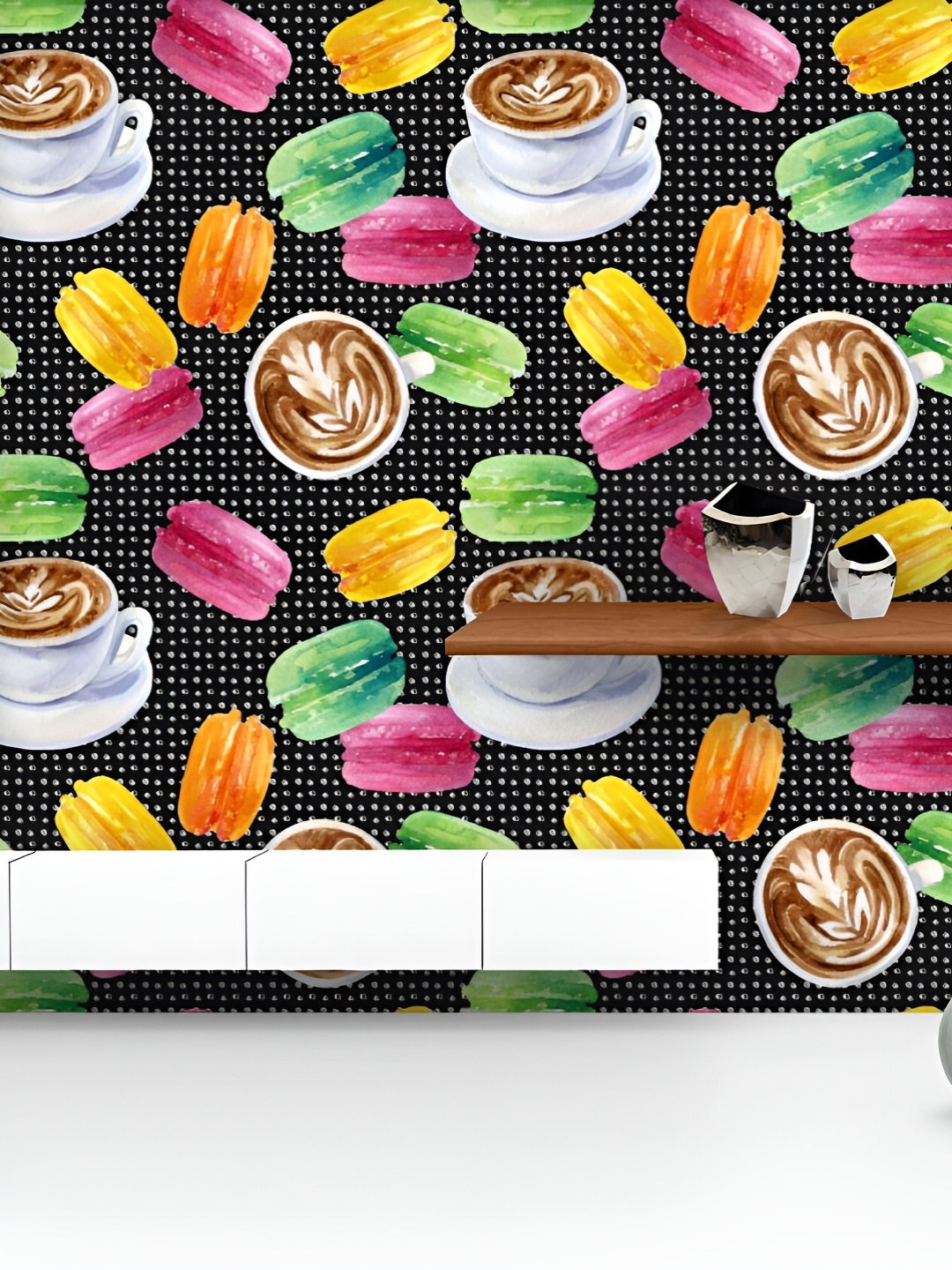 

ArtzFolio Printed UV-Resistant Anti-Bacterial Cup Of Coffee And Macaroons Peel & Stick Wallpaper, Multi