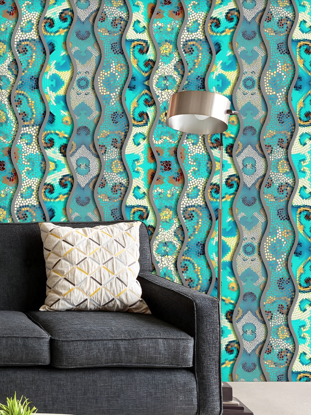 

ArtzFolio Printed UV-Resistant Anti-Bacterial Ornate Mosaic Waves Peel & Stick Wallpaper, Multi
