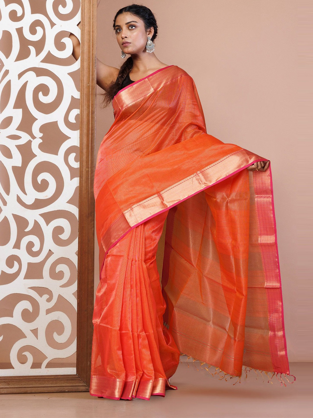 

Unnati Silks Zari Handloom Maheshwari Saree, Orange