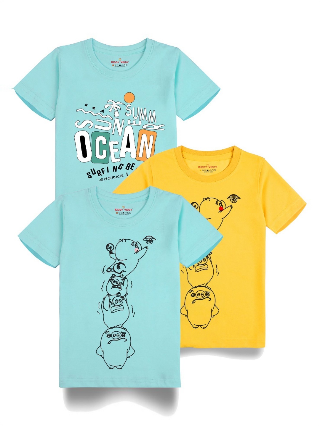 

Kiddy Viddy Boys Pack Of 3 Typography Printed Round Neck Cotton T-shirts, Sea green