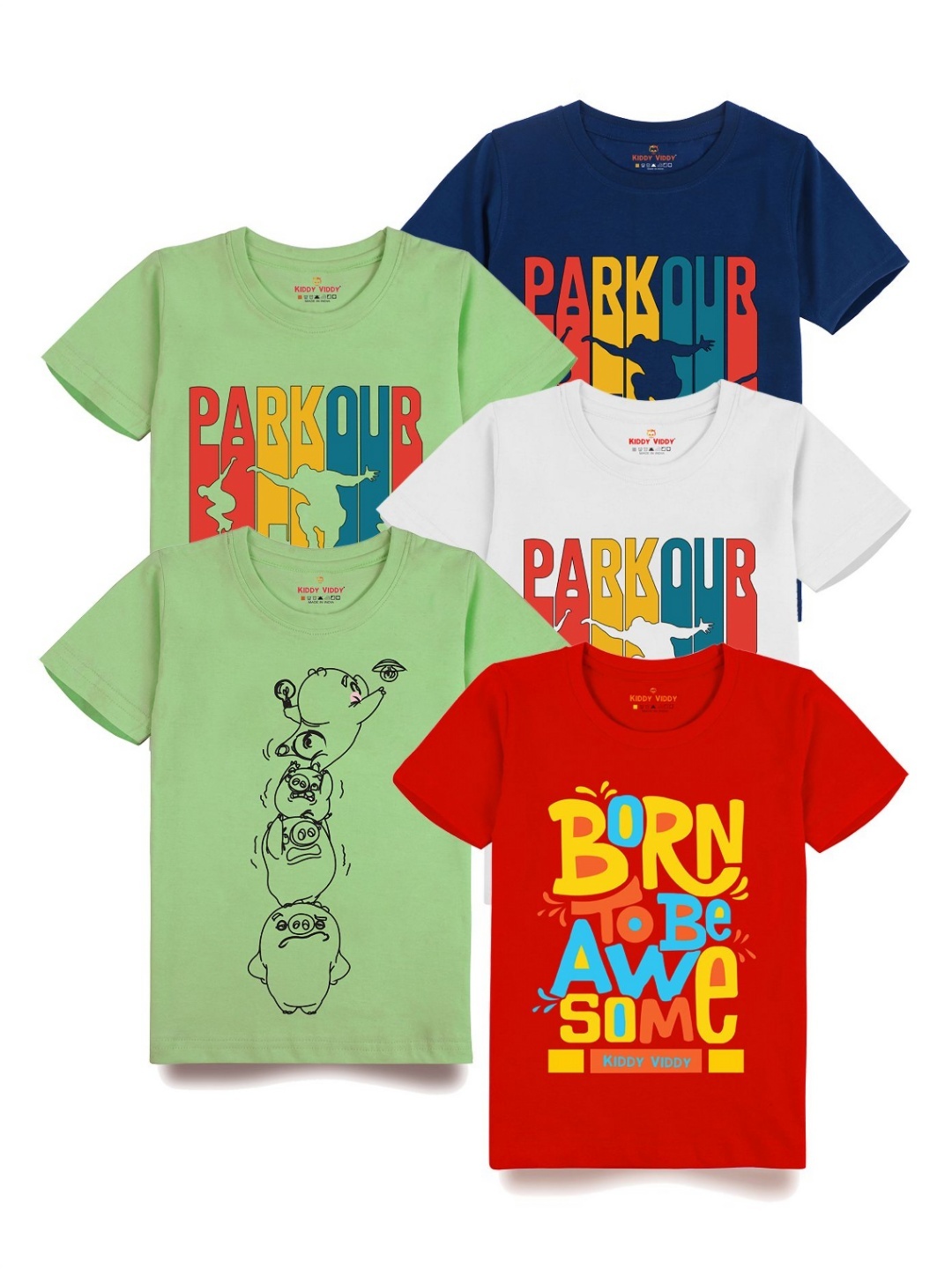 

Kiddy Viddy Boys Pack Of 5 Typography Printed Round Neck Cotton T-shirts, White