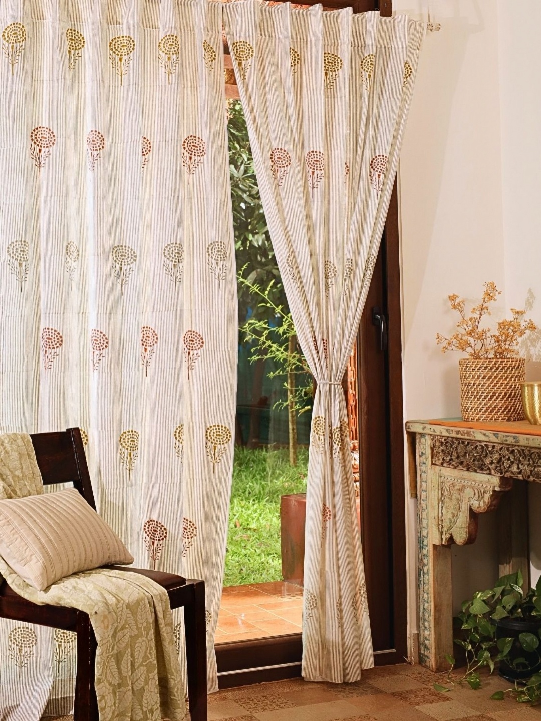 

Peepul Tree Marigold Rust & Mustard Yellow 2 Pieces Floral Printed Sheer Door Curtains